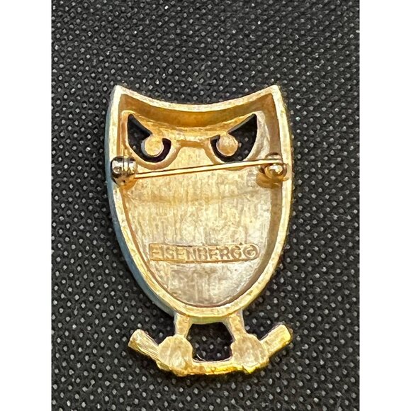 Eisenberg Enamel Blue Owl Brooch Pin With Gold Accents & Rhinestone Eyes - Picture 5 of 10